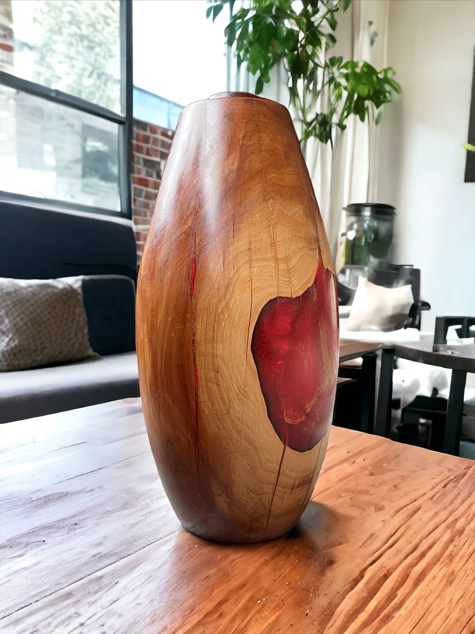 Manzanita wood vase with red resin inlay. Tabletop decoration.