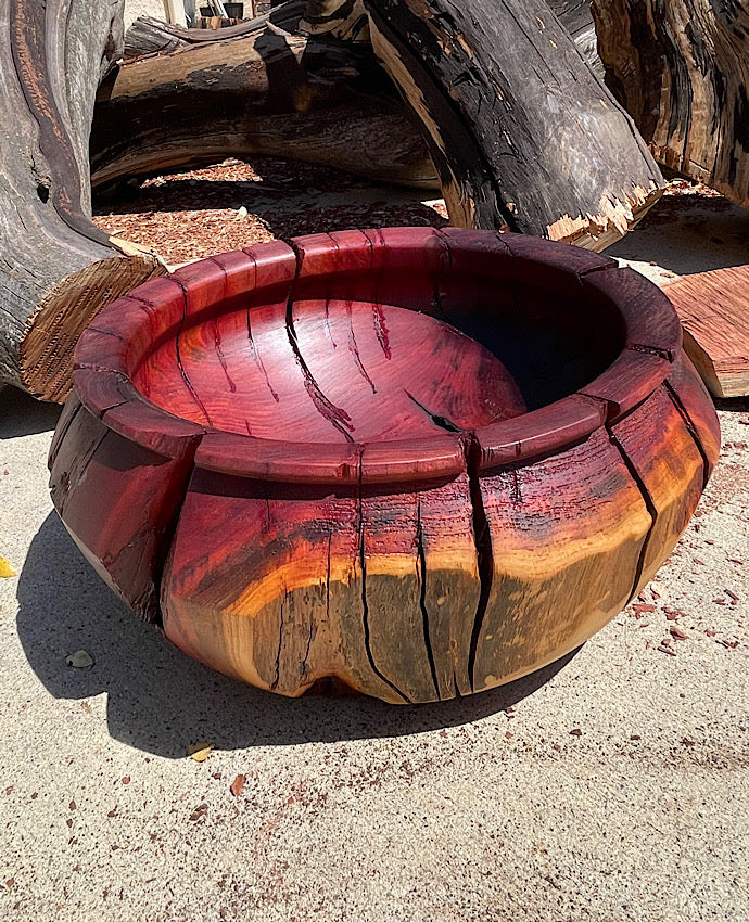 Unique Manzanita wood bowl with natural cracks. 5.5"H x 12"Dia