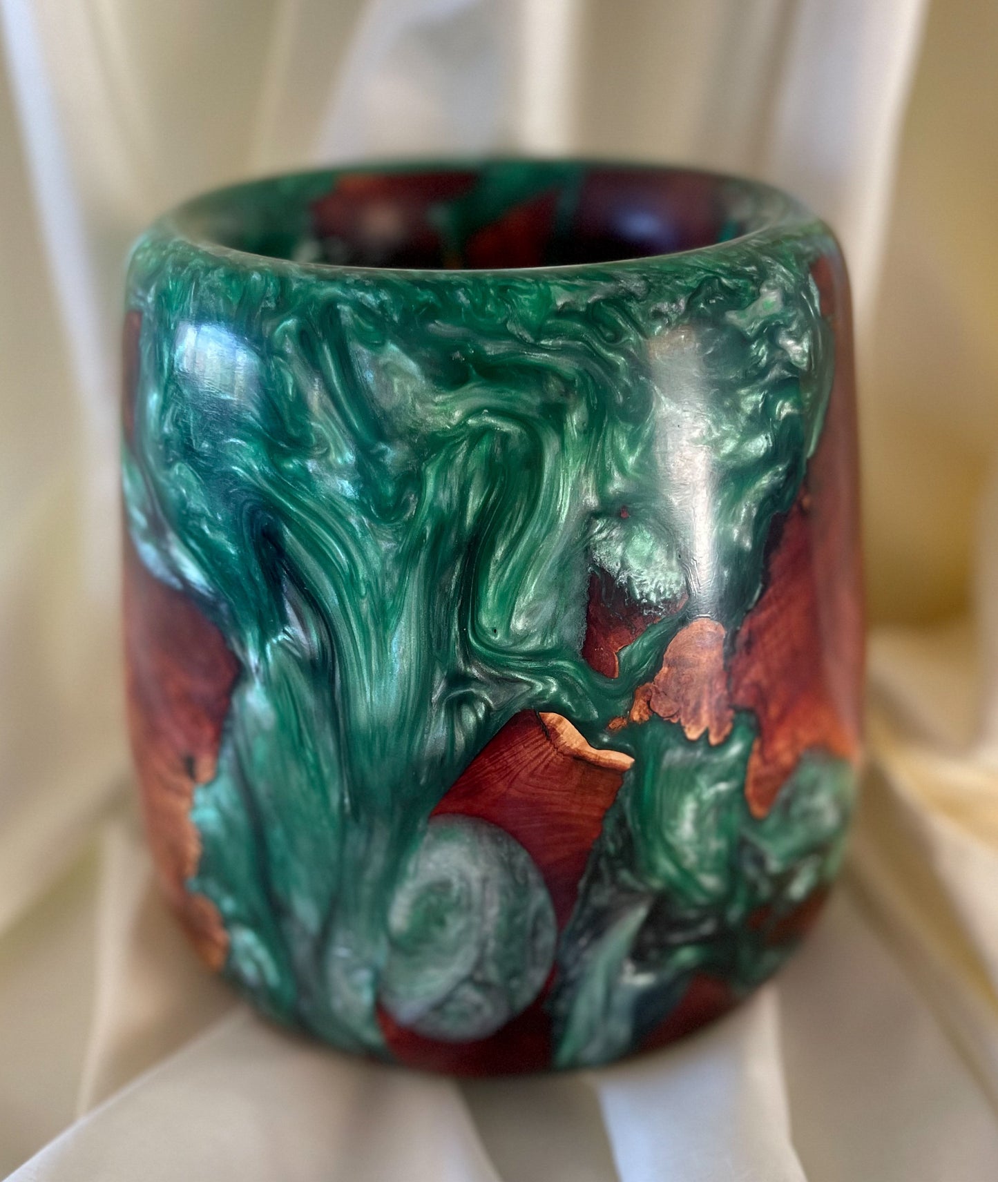 Large Manzanita Wood Vase with Green resin Inlay. 9" diameter x 8.5" tall