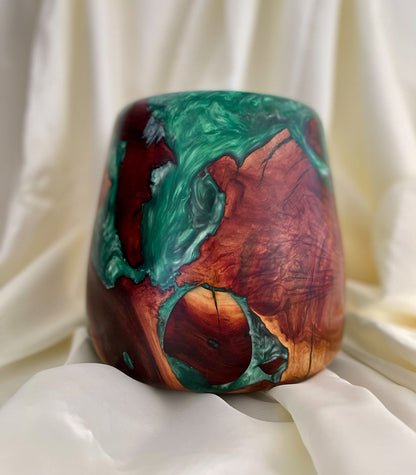 Large Manzanita Wood Vase with Green resin Inlay. 9" diameter x 8.5" tall
