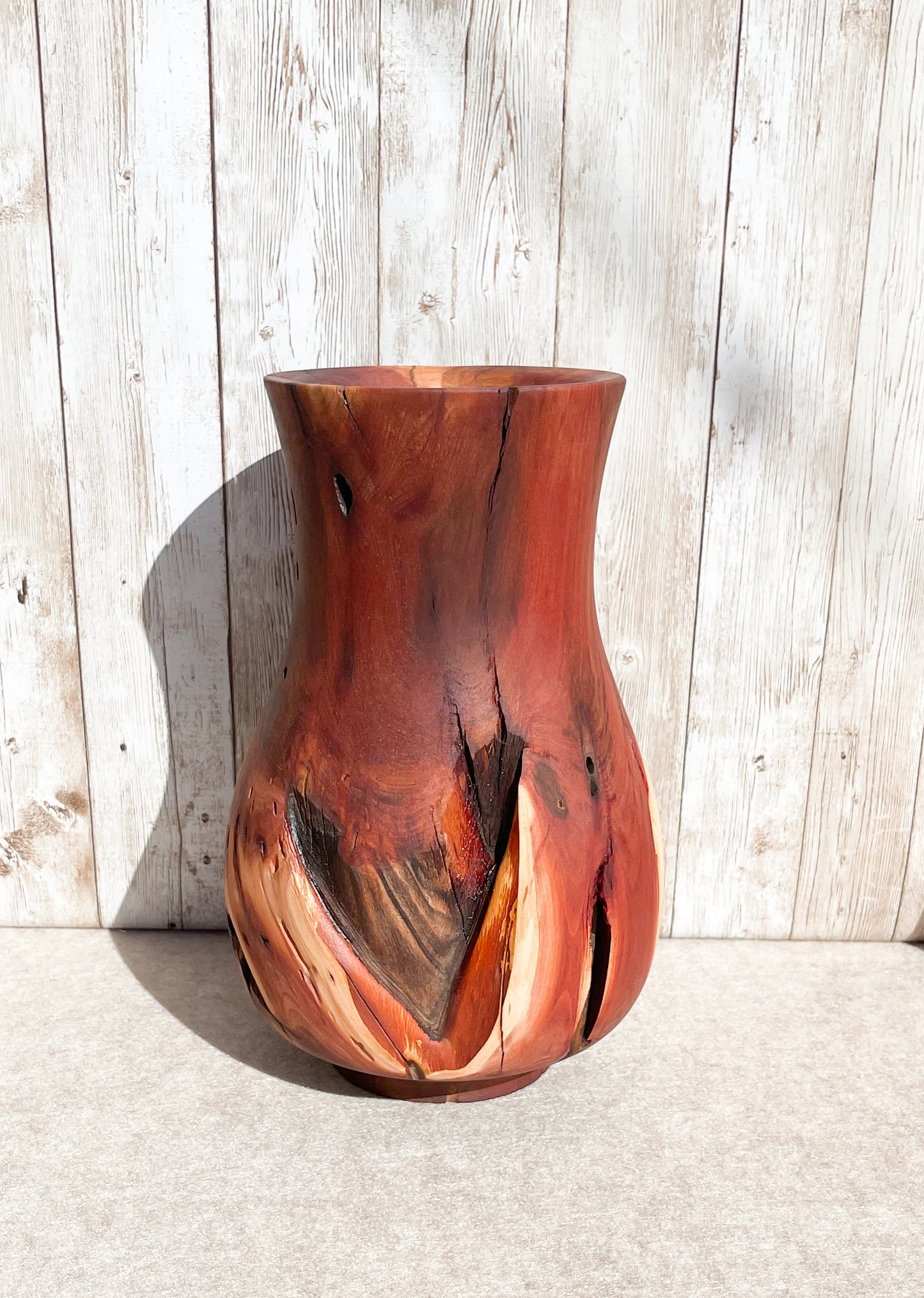 Manzanita Wood vase with natural cracks. 9.5"H x 6.5"D x 6"W